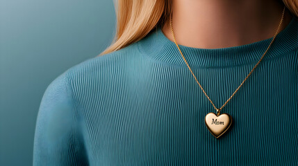 Mother's Day concept, A woman wearing a heart-shaped necklace with "Mom" inscribed on it.