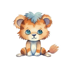lion sitting cute watercolors illustration on white background