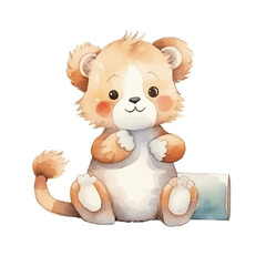 lion sitting cute watercolors illustration on white background