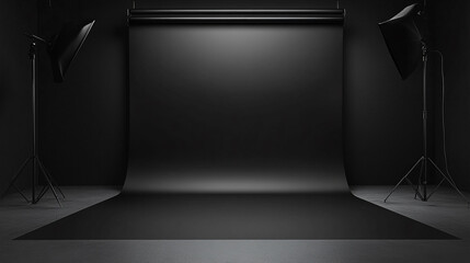 A photography studio setup with black backdrop and lighting equipment in a dark room setting