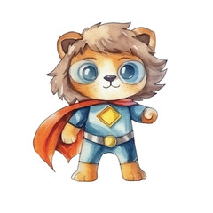 lion super hero cute watercolors illustration on white background