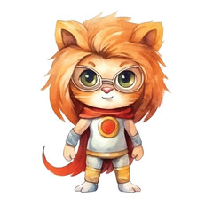 lion super hero cute watercolors illustration on white background