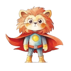 lion super hero cute watercolors illustration on white background