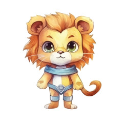 lion super hero cute watercolors illustration on white background