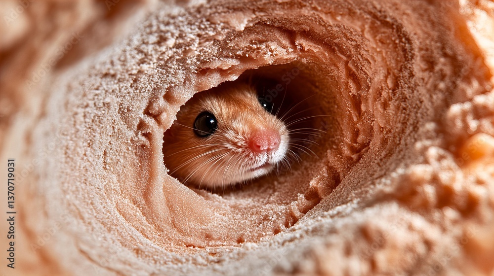 Poster hamster is peeking out from a rounded burrow covered with dust particles, creating a close-up studio