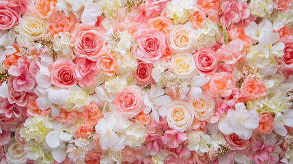 ピンクと白のバラや芍薬が敷き詰められた華やかなフラワーウォール