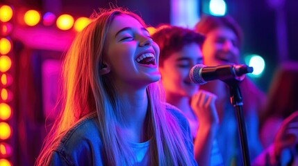 Energetic family karaoke night with vibrant neon lights creating a fun atmosphere