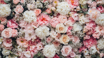 ピンクと白のバラや芍薬が敷き詰められた華やかなフラワーウォール