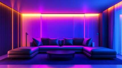 Living Room Interior with Neon Lighting and Modern Sectional Sofa