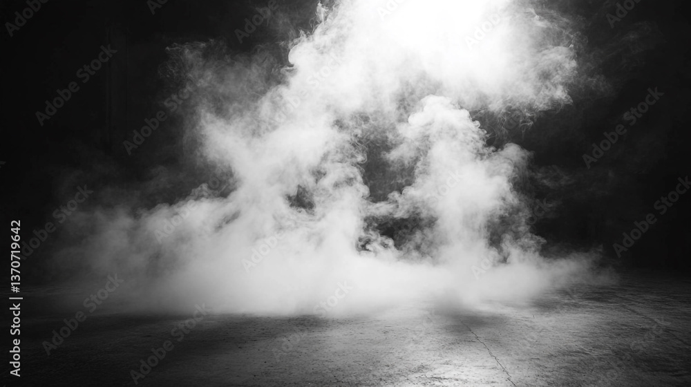 Poster monochrome image of dense fog or smoke filling a dark space with a reflective floor surface visible