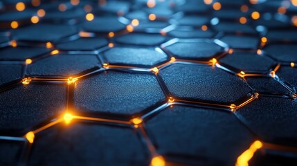 Obraz premium A close-up of a dark hexagonal pattern with glowing orange lights between the shapes