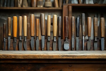 A collection of chisels and gouges arranged in a pattern on a workbench, each tool perfectly aligned and ready for fine woodworking