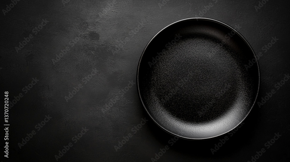 Poster a minimalist image showing a dark textured plate on a dark textured surface with soft lighting effec