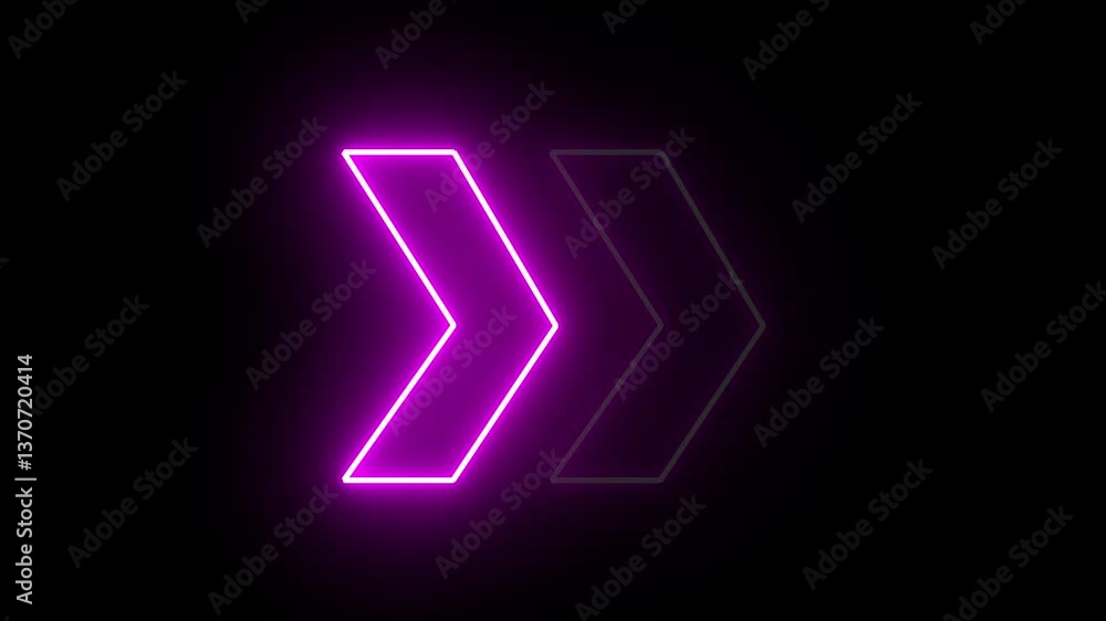 Poster glowing neon purple arrow right direction icon. abstract neon flashing light arrow loading animation