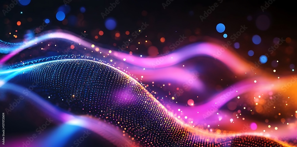 Poster abstract background featuring colorful, glowing light waves and connecting dots on a black backdrop,