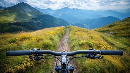 an electric bike being used on a scenic mountain trail with charging stations nearby close up, focus on versatility vibrant, multilayer under natural light