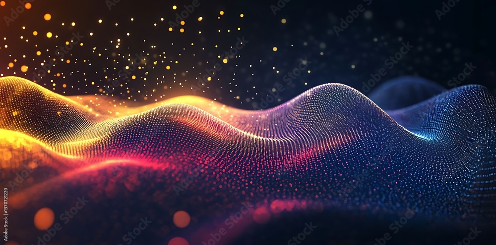 Poster abstract background featuring colorful, glowing light waves and connecting dots on a black backdrop,