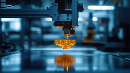 a 3D printer robot creating a complex component layer by layer close up, focus on innovation vibrant, multilayer with a techlab setting