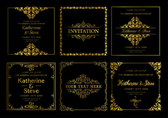 Gold square frame for invitation in modern vintage style. Frame template for cards, posters, banners