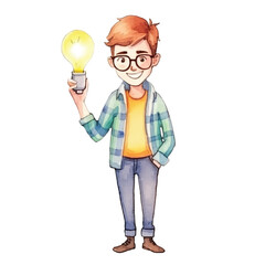 man get an idea cute watercolors illustration on white background