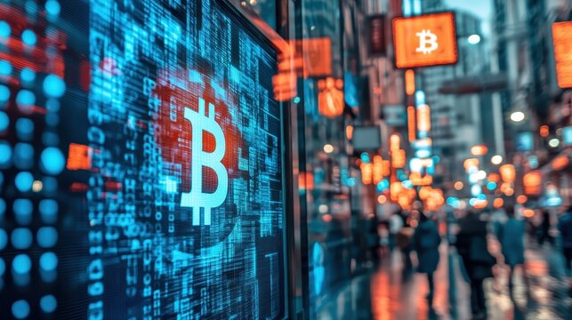 a digital screen displaying cryptocurrency transactions over a physical bank building close up, focus on integration realistic, overlay with a bustling city backdrop