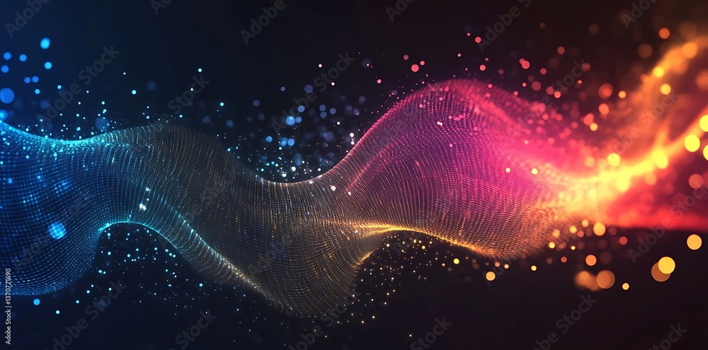 Poster abstract background featuring colorful, glowing light waves and connecting dots on a black backdrop,