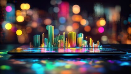 A digital display of stock market charts and graphs on an open laptop, with glowing lines representing the rise in share price over time.