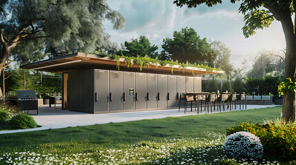 Modern outdoor pavilion or kitchen structure with a green roof, set in a lush park or garden setting with trees and grass. Architectural visualization concept.
