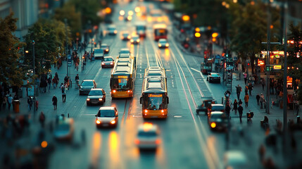 Busy urban street with cars, buses, and pedestrians, highlighting evening city life with traffic and public transport in motion under street lights and modern buildings
