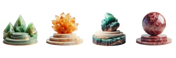 Vibrant stone sculptures featuring pyramids, a star shape, a distinctive rock formation, and a sphere are displayed on circular bases. Their colors include green, orange, and red hues