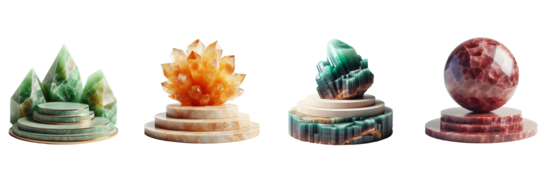 Vibrant stone sculptures featuring pyramids, a star shape, a distinctive rock formation, and a sphere are displayed on circular bases. Their colors include green, orange, and red hues