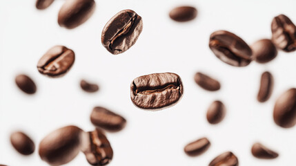 Obraz premium Coffee beans cascade through the air, frozen in motion against a stark white background, highlighting their rich, roasted tones