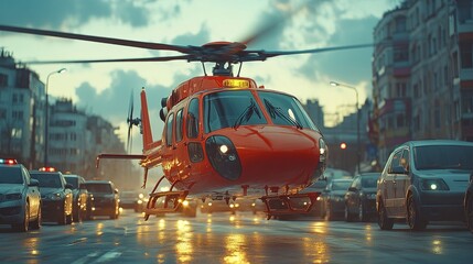 A vibrant helicopter hovers over a busy city street as twilight casts a dramatic hue across the scene