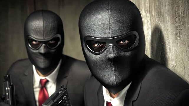 Two Mysterious Figures in Dark Ski Masks and Suits in a Suspenseful Setting with Guns, Illuminated by Dramatic Lighting for an Intense Atmosphere