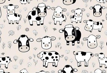 Cute black and white farm animal seamless pattern for coloring Doodle style vector illustration, sweet, black