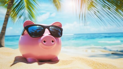 Piggy bank with sunglasses relaxing on a sunny beach.