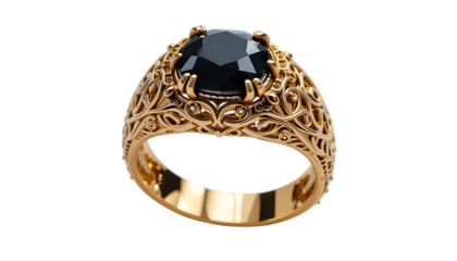 Intricate gold ring featuring a detailed design and dark gemstone png