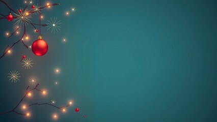 Fototapeta premium Weihnachtliche Szene mit roter Kugel, goldenen Sternen und Lichterketten auf einem tiefen, blaugrünen Hintergrund.