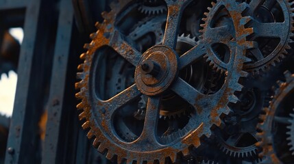 Close-up of rusty, interconnected gears in a complex mechanism.