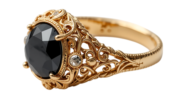 Intricate gold ring featuring a detailed design and dark gemstone png