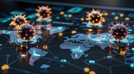 AIgenerated visuals of threats detected across a global cybersecurity network close up, focus on innovation futuristic, multilayer over a glowing map