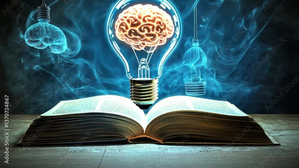 Poster light bulb with brain inside floating above an open book, illustrating creativity, knowledge, and in