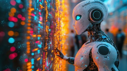 a humanoid AI explaining cybersecurity solutions to a team of IT professionals selective focus, focus on knowledge realistic, overlay in a bright conference room