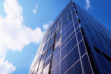Obraz premium Solar panels reflect sunlight on a modern building against a clear blue sky