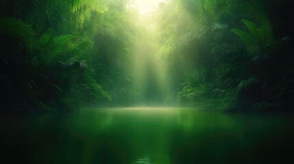 Naklejka premium Lush, sunlit rainforest river. Misty, verdant path through dense jungle foliage
