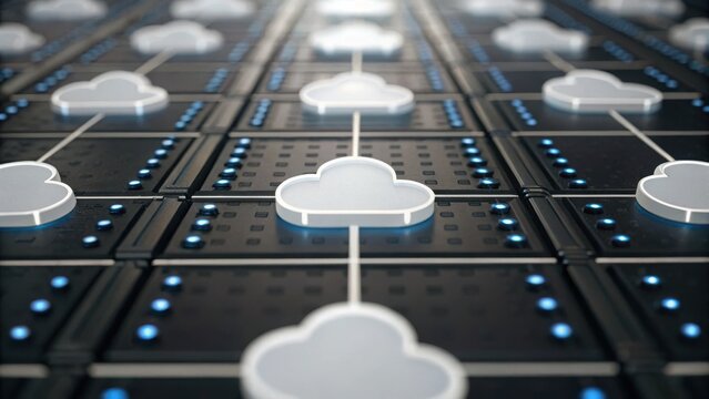 Data Lake Data Lakehouse Data Warehouse Cloud computing network design with interconnected symbols and illuminated elements.