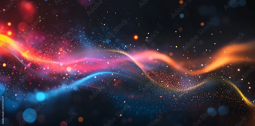 Poster abstract background featuring colorful, glowing light waves and connecting dots on a black backdrop,