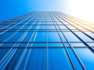 Obraz premium Modern glass skyscraper with sunlit windows, blue sky background, perspective view highlighting architecture and reflections.