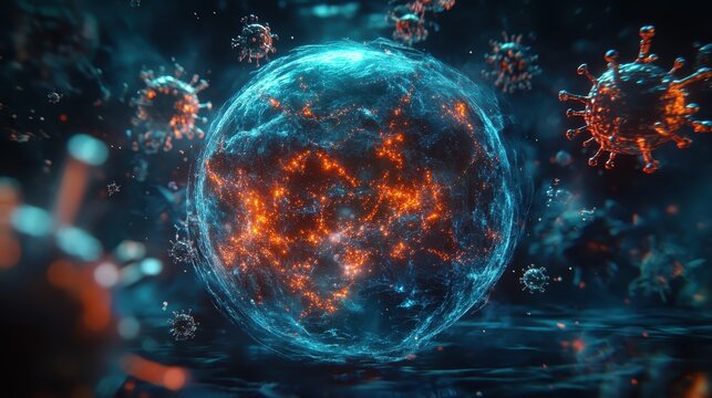 a globe with vaccine molecules orbiting around it symbolizing global recovery copy space, focus on collaboration surreal, manipulation in a digital universe