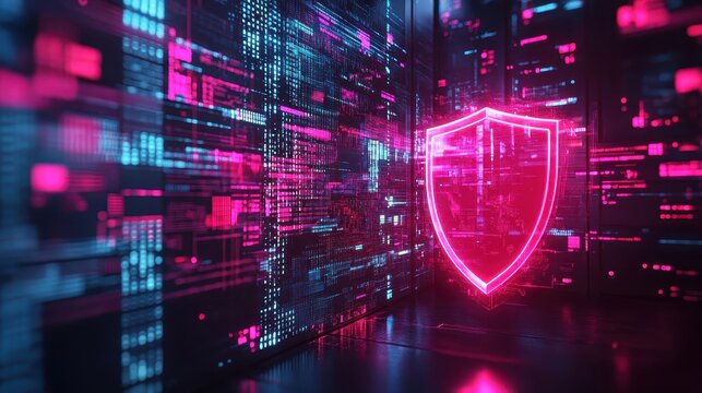 a digital shield surrounded by glowing security alerts on a virtual dashboard close up, focus on protection futuristic, blend mode over a dark tech background